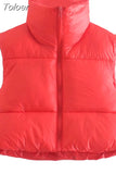 Solid Stand Collar Cropped Waistcoat Puff Vest Women Casual Sleeveless Zipper Jackets Autumn Winter Warm