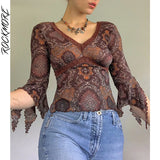 Rockmore Lace Mesh Crop Top Vintage Frill Print T Shirt Women Autumn V Neck Slim Pullovers Harajuku Tshirt Grunge