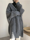 Korean Fashion Autumn Winter Medium Length Knitted Cardigan Thickened Loose Fried Dough Twist Sweater Jacket Women