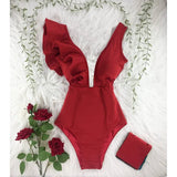 New Print Swimwear Deep V-Neck Ruffle Swimsuit Push Up One Piece Swimsuit Beach Wear Backless