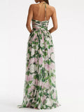 Casual Long Dress For Women Halter Sleeveless High Waist Hit Color Patchwork Print Slim Dresses Female Summer Clothing