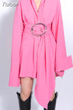 Fashion Women's Shirt Dress Lapel Single Breasted Long Sleeve Metal Buckle Belt Pink Mini Dresses Summer 2023 New