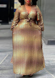 Plus Size Brown Polk Dot Printed V-neck Long Sleeve Maxi Dress with
