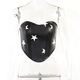 Toloer Style Star Print Leather Chest Waist Top Women's Slim Zipper Top Vest Skirt Suit-Outfit