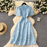 Squeer Hook Lace Dress Female French Waist Thin Temperament Short-Sleeved Long Dress 2025