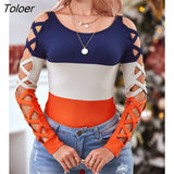 Autumn Winter Colorblock Crisscross Cold Shoulder Top Casual Daily Wear Hollow Out Pullover Blouse Sexy Round Neck