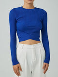Fashion Women's Knitted Pullover Round Neck Slim Solid Color Hem Gross Cut Out Long Sleeve Sweater Autumn 2023 New