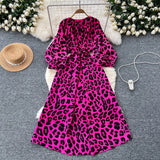 Retro Niche Print Dress Woman 2025 Autumn Strap To The Waist Round Lantern Sleeves Thin