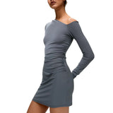 Toloer Women's Fall 2024 New Solid Color Long Sleeve One Shoulder Diagonal Collar Sexy Hip Dress Mini-Outfit