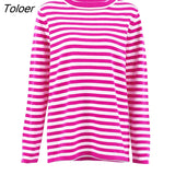 Classic Women Stripe Tee Shirt Casual Print Oversized Knitted Top O-Neck Long Sleeve Tops And Blouse Fashion
