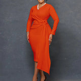 Women's Autumn Fashion Large-Size V-Neck Long-Sleeved Temperament Pencil Skirt