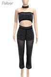 Style Women's Sets Black Shiny Rhinestones Strapless Crop Top and See Through Straight Trouser Elegant 2 Piece