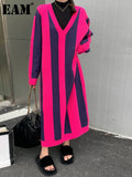 Women Striped Knitting Big Size Long Warm Dress New V-Neck Long Sleeve Loose Fit Fashion Tide Autumn Winter 2022