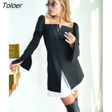 Elegant Black Spliced Split Bodycon Dress Square Neck Puff Sleeve Panelled Slender Fit Flare Mini Dress Women Autumn