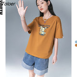 Women T-shirts 2022 Summer Short Sleeve O Neck Loose Tees Cute Little Mouse Pattern Casual Chic