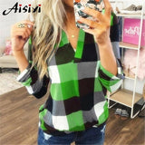 Size Women's Blouse Shirts Autumn Long Sleeve V-neck Loose Tops Elegant Ladies Office Blouses Womens Plaid Tops and