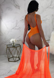 Sexy U Neck Backless Straps Holidays Bodysuit and Long Mesh Beach Cover Up 2 Piece