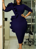 Fashion Women's Round-Neck Temperament Seven-Sleeve Lotus Leaf Side Elegant African