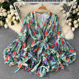 Bohemian Floral Chiffon Dress Women Sexy V-Neck Puff Long Sleeve High Waist Ruffle Vestidos Female Elegant Vacation Beach