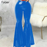 PU Leather Pleated Flare Skinny Pants Women High Waist Streetwear Bell Bottom Trousers Korean Club Black Red Blue