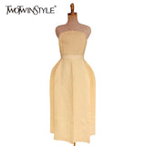 Elegant Yellow Summer Dress Females Halter Cold Shoulder High Waist Plain Midi Dresses For Women 2022 Fashion