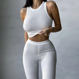 Comfortable Knitting Fitness Two Pieces Set Women Active Wear Sleeveless Tops+Elastic Pants Skinny Tracksuit