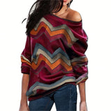Women Blouses Off Shoulder Tops Striped Print Pullover Jumper Casual Knitted Top Long Sleeve Blouse Shirt Camiseta