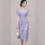 Temperament Romantic Purple Flowers Party Dress 2022 Women Square Collar Puff Sleeve Slim Ruched Ruffle Fishtail