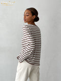 Fashion Blue Stripe Tee Women T-Shirts Winter O-Neck Long Sleeve T Shirt Elegant Loose Knit Sweater Female Clothing