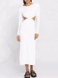 Plain Dress For Female O Neck Long Sleeve High Waist Lace Up Cut Out Dresses Female 2023 Spring Clothing Fashion
