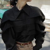 Casual Blouses For Women Lapel Loose Long Lantern Sleeve Single Breasted Patchwork Shirring Open Stitch Female