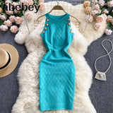Button Details Sleeveless Knitted Bodycon Dress Women Summer Elegant Stretchy Dress Vintage Solid