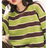 Women Sweater 2022 Winter Long Sleeve O Neck Loose Knitted Pullover Green and Coffee Stripe Warm Casual Chic