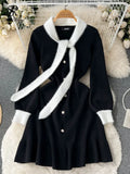 Fashion Bow Women Knitted Dress Contrast Long Sleeve Single Breasted Slim 2022 Autumn Elastic Streetwear A Line
