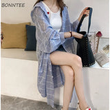 Women Plaid Simple All-match Soft Korean Style Turn-Down Clothing Womens Summer Loose Elegant Vacation Sun Shade