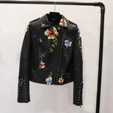 VAREY LIN Spring Women Floral Print Embroidery Faux Leather Jacket Turn-down Collar Pu Motorcycle Black Punk