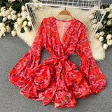 Bohemian Floral Chiffon Dress Women Sexy V-Neck Puff Long Sleeve High Waist Ruffle Vestidos Female Elegant Vacation Beach
