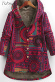 Fashion Female Jacket Plush Coat Women Windbreaker Winter Warm Outwear Floral Print Hooded Pockets Vintage Loose