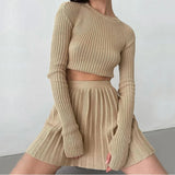 Suit With Skirt Women Solid 2022 Spring Mini Pleated Skirt And Long Sleeve Slim Crop Pullover Lady 2 Pieces Sets