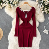 Retro Bodycon Knitted Dress Temperamant Long Sleeve Slim Sweater Dress Square Collar Women Winter Short Knit