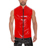 Toloer Men's Mirror PU Bright Leather Vest Slim Leisure Waterproof Stand Collar Without Ff Vest No Smell-Outfit