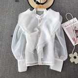 Court Style Super Fairy Collar Layer Lotus Edge Eugen Yarn Perspective Single Buckle Shirt Female Gas