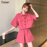 Women Sets Short Sleeve Turn-down Collar Shirts Elastic Waist Shorts Womens High Street Harajuku Solid Streetwear Casual 2