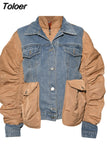 2023 Casual Temperament Fashion Turn-down Collar Autumn And Winter parka Patchwork Denim Cotton Woman jackets