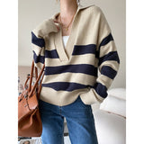 's V-neck striped sweater 2022 autumn winter new loose oversized knit