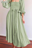 Spring Summer Tie Cord Waist Belt Ruffle Lantern Sleeve Dress Casual Women's Square Neck A-line Multi Wear Elegant