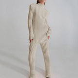 Free Shipping Cotton Casual Women Knitted Two Piece Sets Women's Slim Outfits Striped Turtleneck Sweater And Elastic Pant
