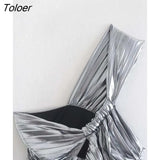 Women Sexy Metallic Color Single Shoulder Knotted Smock Blouse Lady Chic Pleat Side Zipper Crop Shirt Blusas Tops