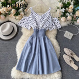 Women Dress Dot Patchwork Bow Tie V Neck Sexy Strapless Vestidos Femme Stretch High Waist A-line Dresses 2022 New