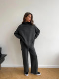 High-Neck Open Fork Wool Sweater Set Women's Loose Casual Lazy Knitting Trousers